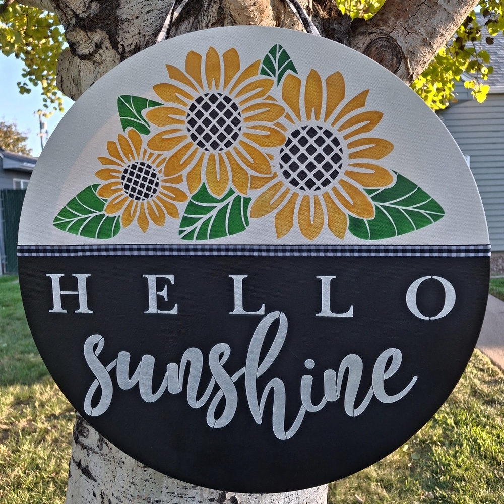 Sunflower Hello Sunshine Canvas Sign Painted Wall Round Summer Porch Decor